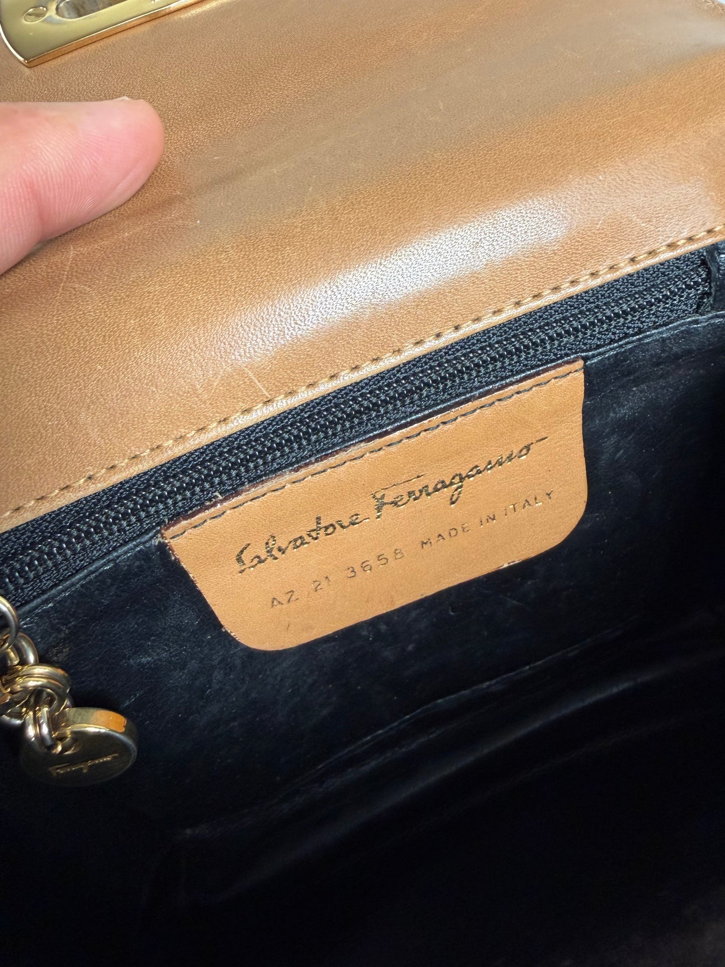 Vintage Ferragamo Leather Hair-On-Hide Crossbody Bag Tan Brown