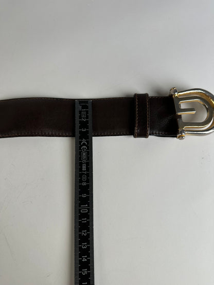 Vintage Gucci Double G Logo Leather Belt Dark Brown Gold