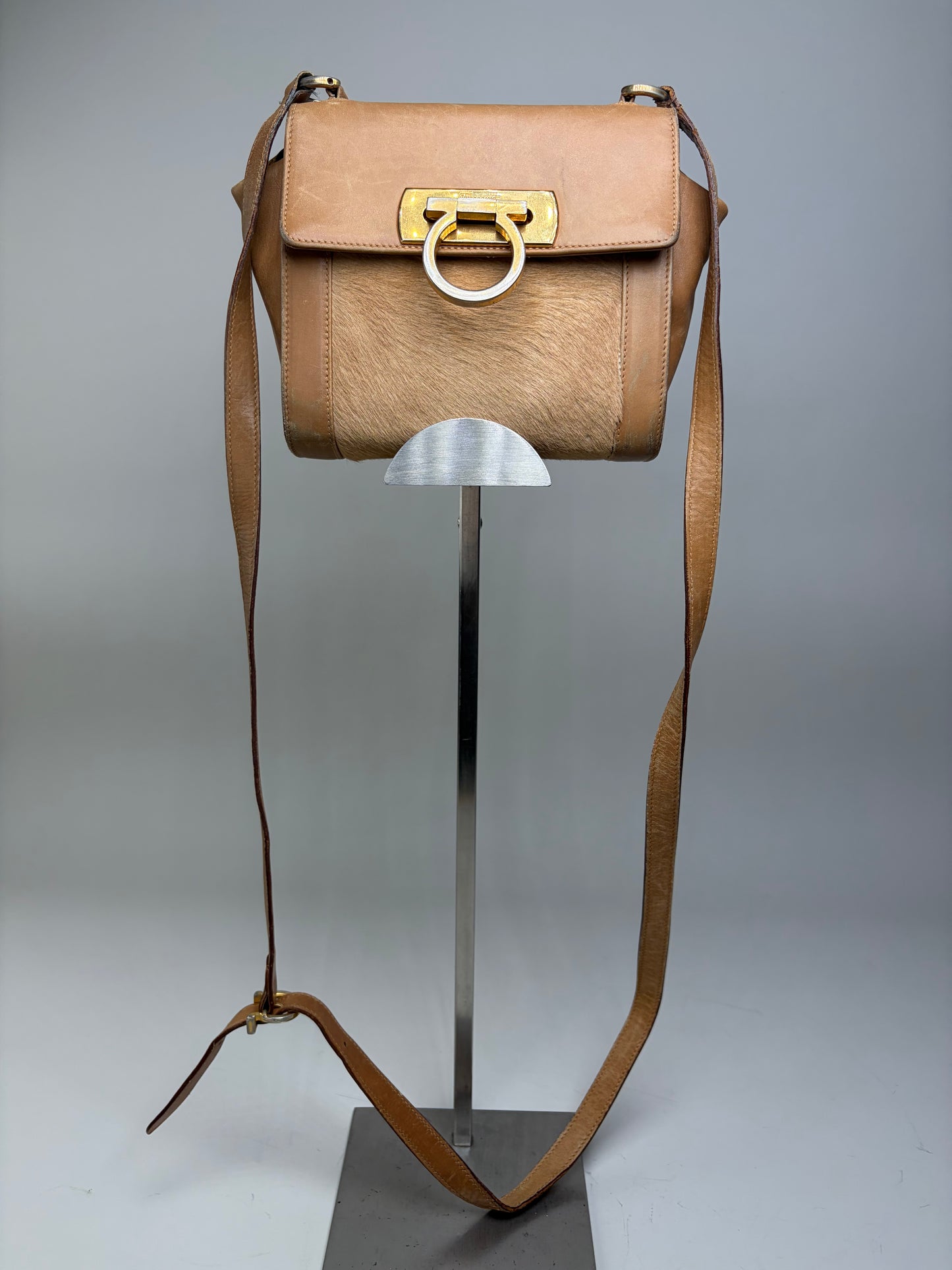 Vintage Ferragamo Leather Hair-On-Hide Crossbody Bag Tan Brown