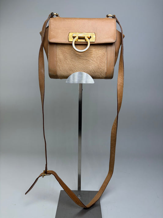 Vintage Ferragamo Leather Hair-On-Hide Crossbody Bag Tan Brown