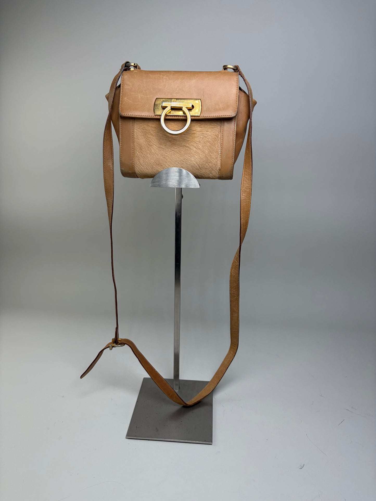Vintage Ferragamo Leather Hair-On-Hide Crossbody Bag Tan Brown