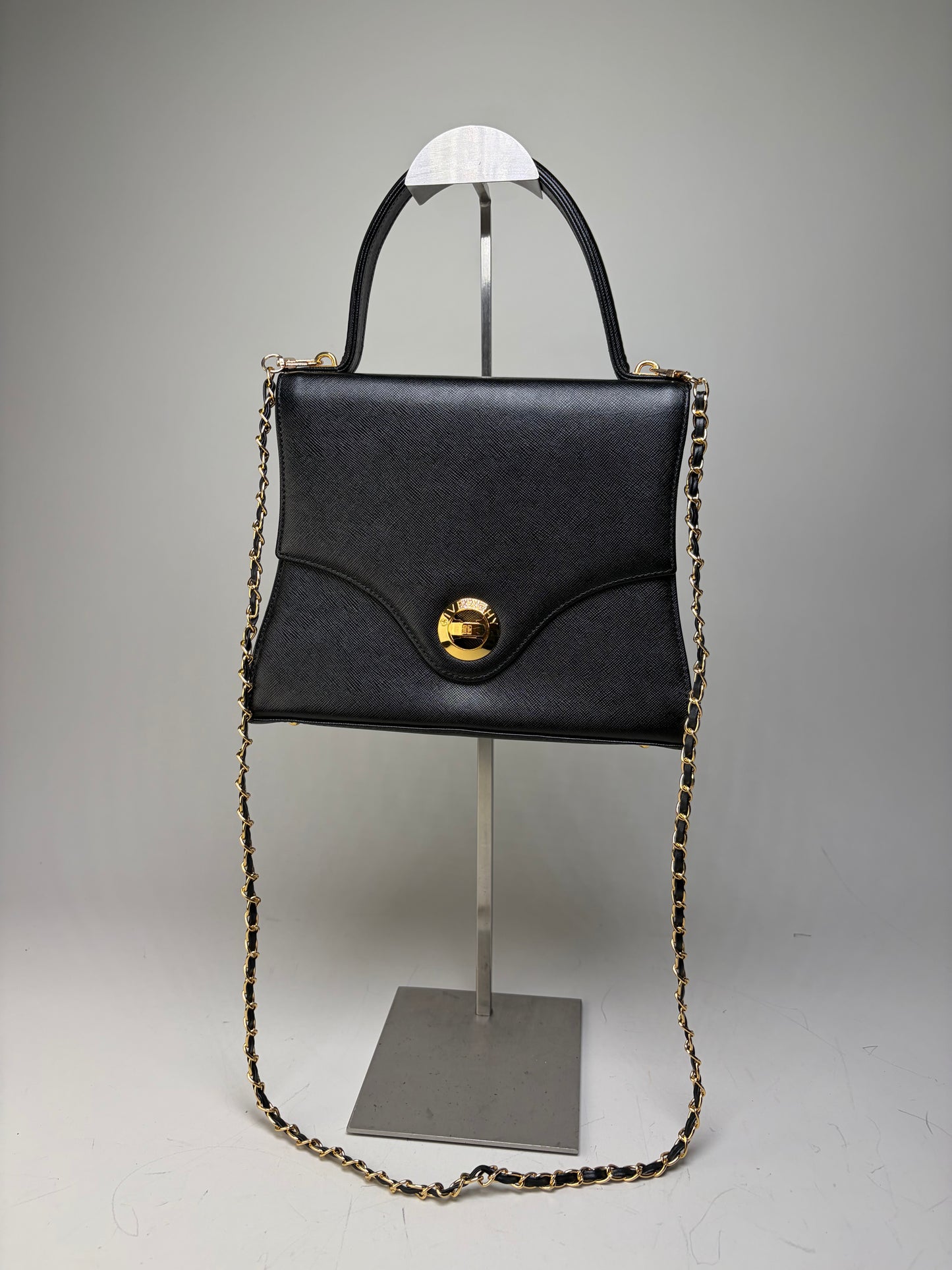 Vintage Givenchy Textured Leather Shoulder Bag Black Gold