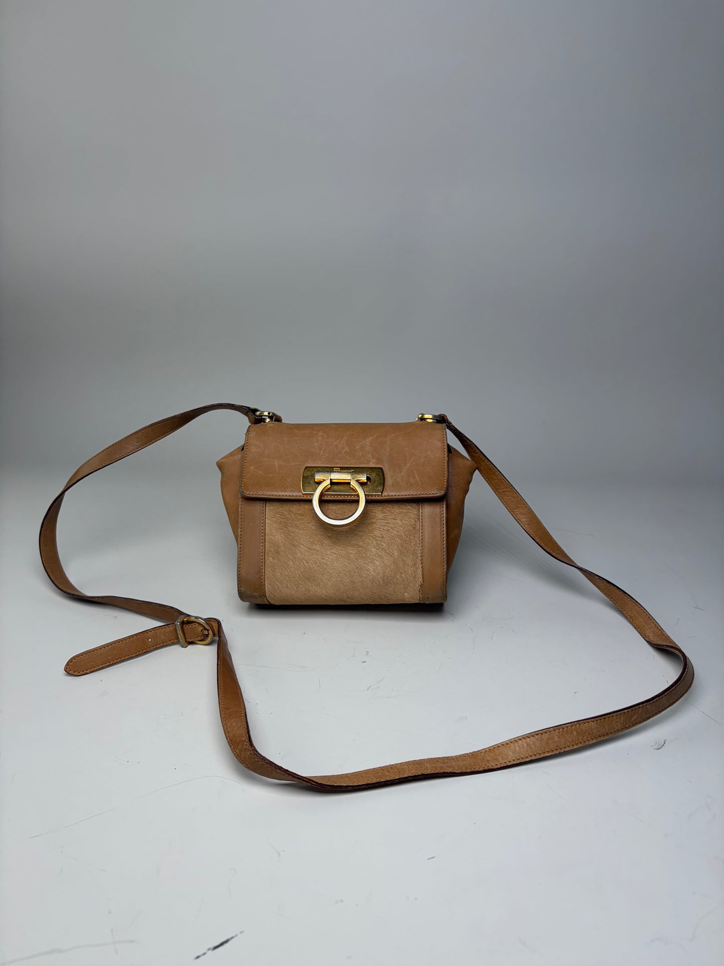 Vintage Ferragamo Leather Hair-On-Hide Crossbody Bag Tan Brown