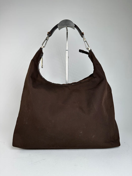 Vintage Gucci Fabric Hobo Bag Brown Silver