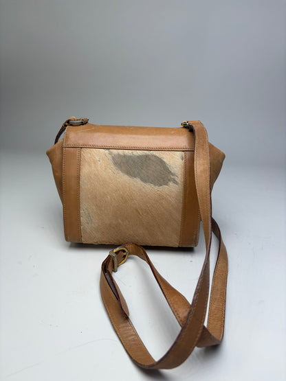 Vintage Ferragamo Leather Hair-On-Hide Crossbody Bag Tan Brown