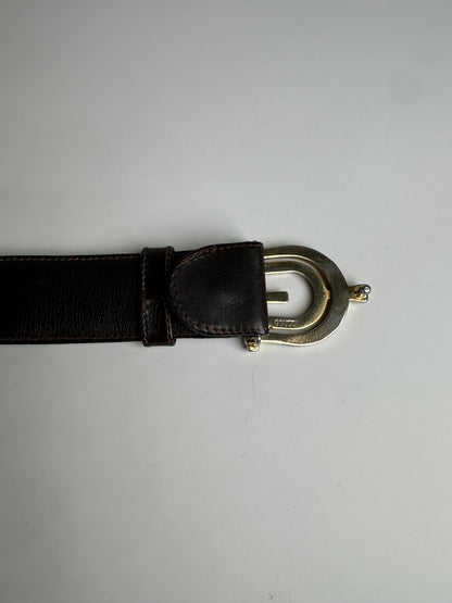 Vintage Gucci Double G Logo Leather Belt Dark Brown Gold