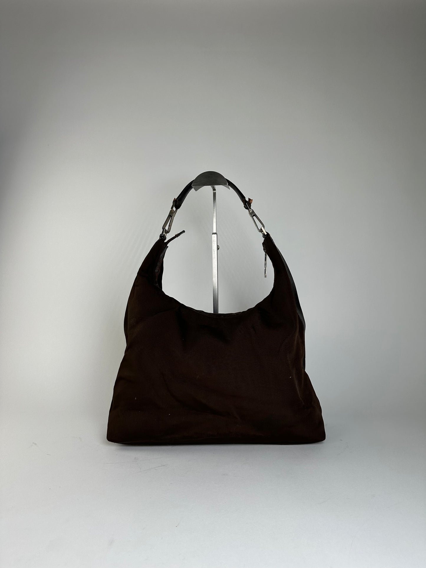 Vintage Gucci Fabric Hobo Bag Brown Silver