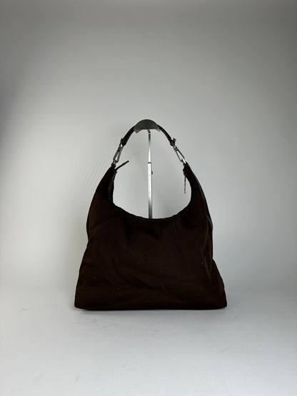 Vintage Gucci Fabric Hobo Bag Brown Silver