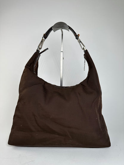 Vintage Gucci Fabric Hobo Bag Brown Silver