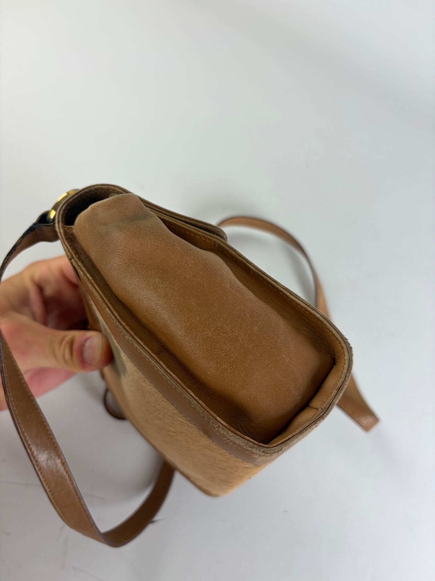 Vintage Ferragamo Leather Hair-On-Hide Crossbody Bag Tan Brown