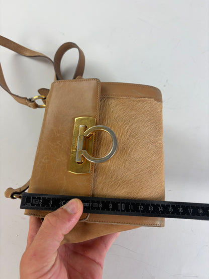 Vintage Ferragamo Leather Hair-On-Hide Crossbody Bag Tan Brown
