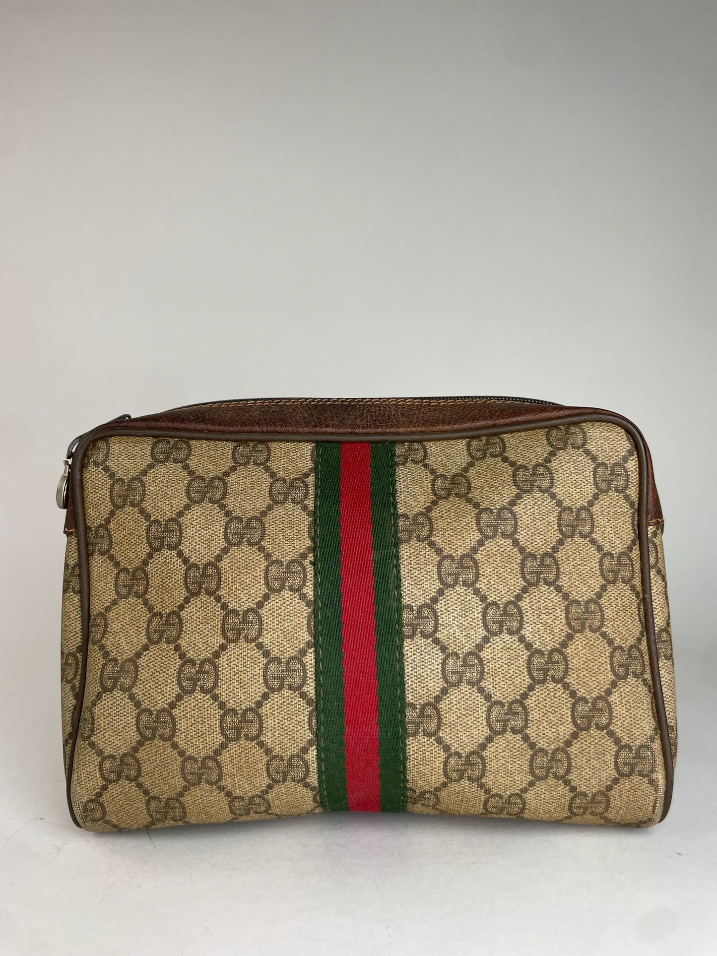 Vintage Gucci monogram Leather Clutch Grey Brown