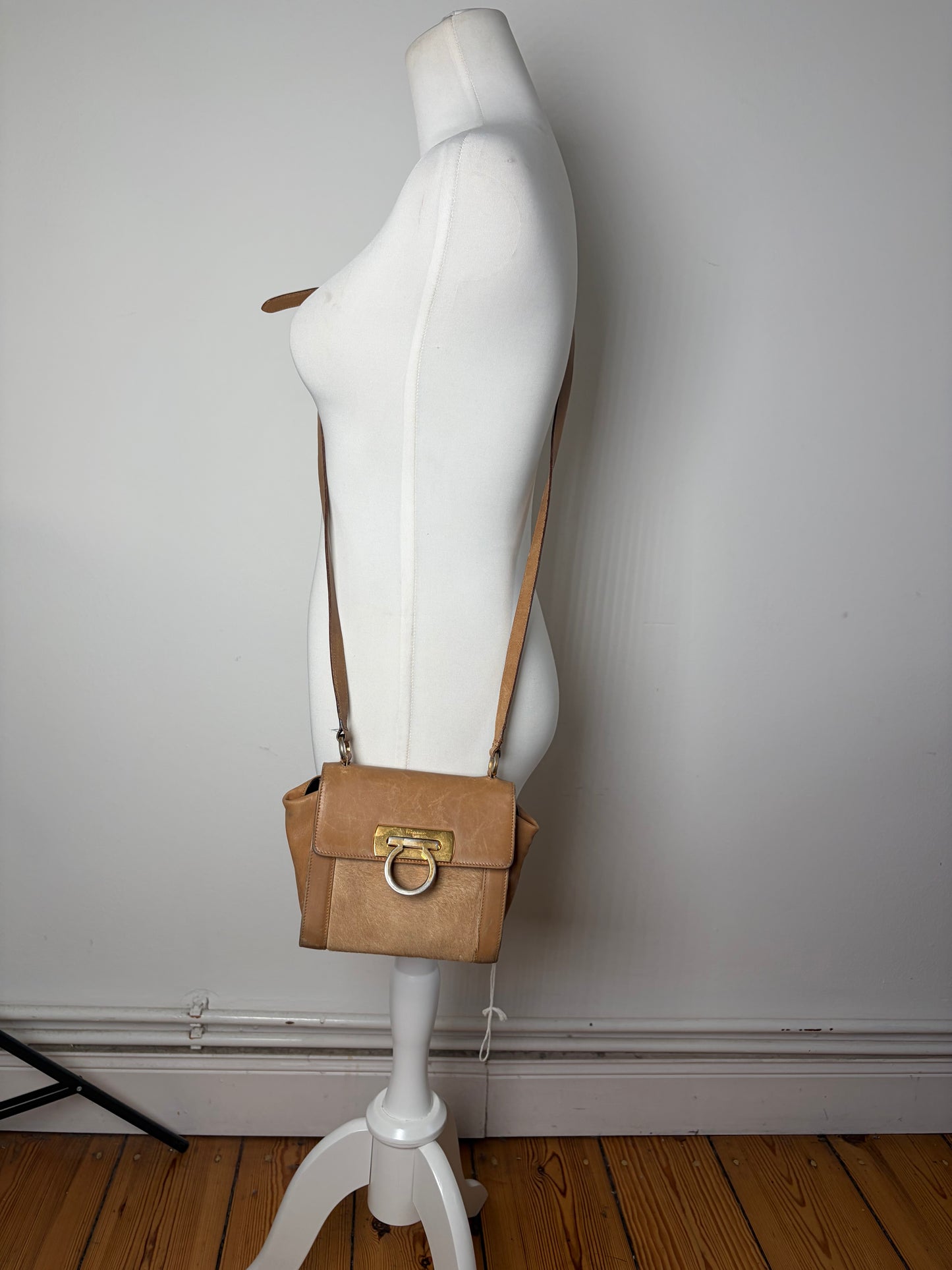 Vintage Ferragamo Leather Hair-On-Hide Crossbody Bag Tan Brown