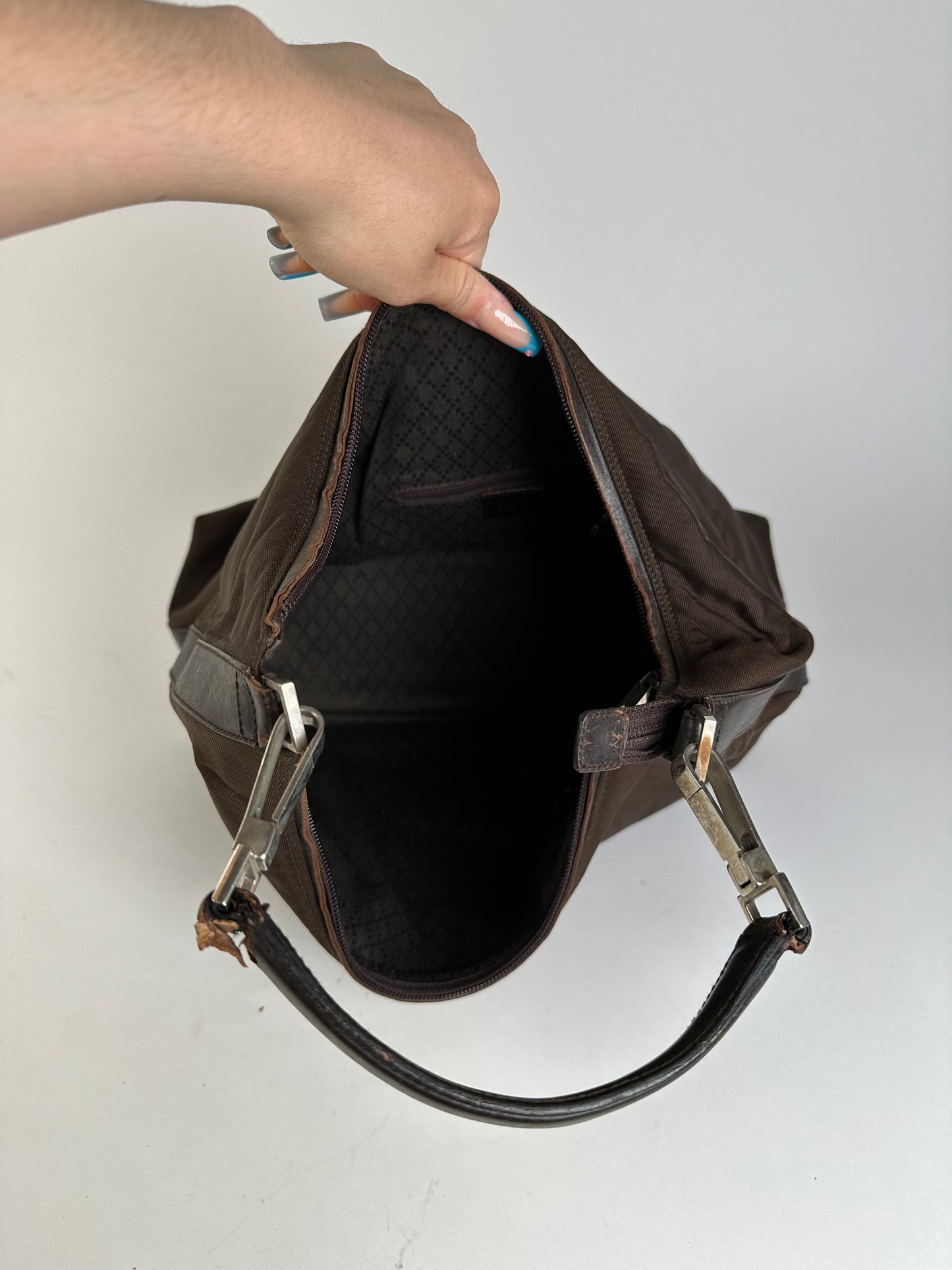 Vintage Gucci Fabric Hobo Bag Brown Silver