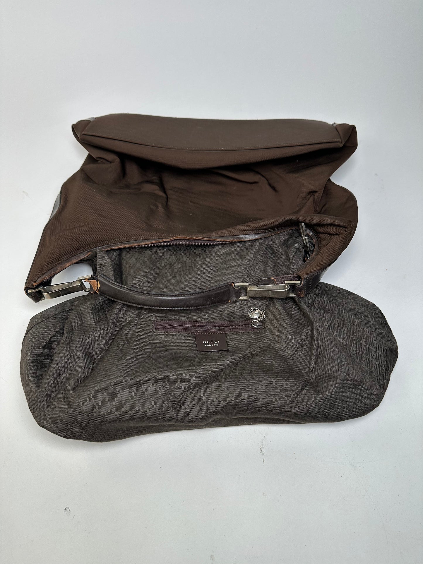 Vintage Gucci Fabric Hobo Bag Brown Silver