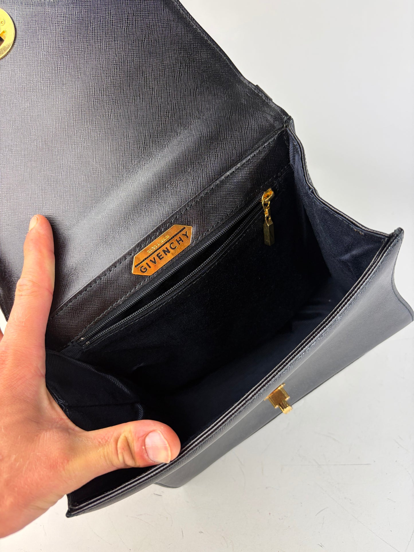 Vintage Givenchy Textured Leather Shoulder Bag Black Gold
