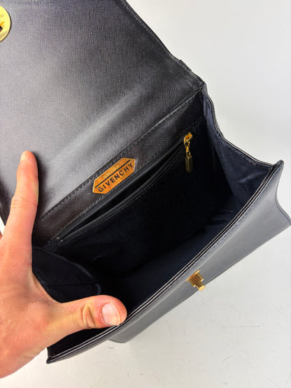 Vintage Givenchy Textured Leather Shoulder Bag Black Gold