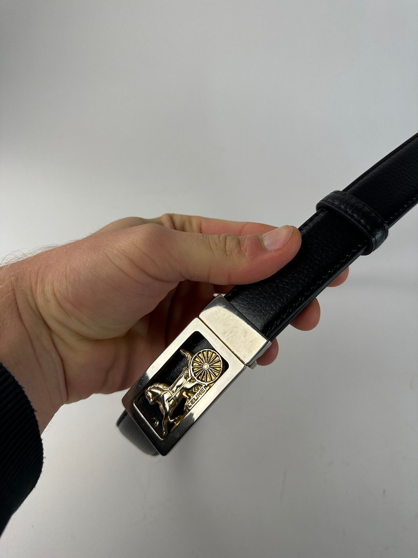 Vintage Celine Paris Triomphe Snake Emblossed Leather Belt Black