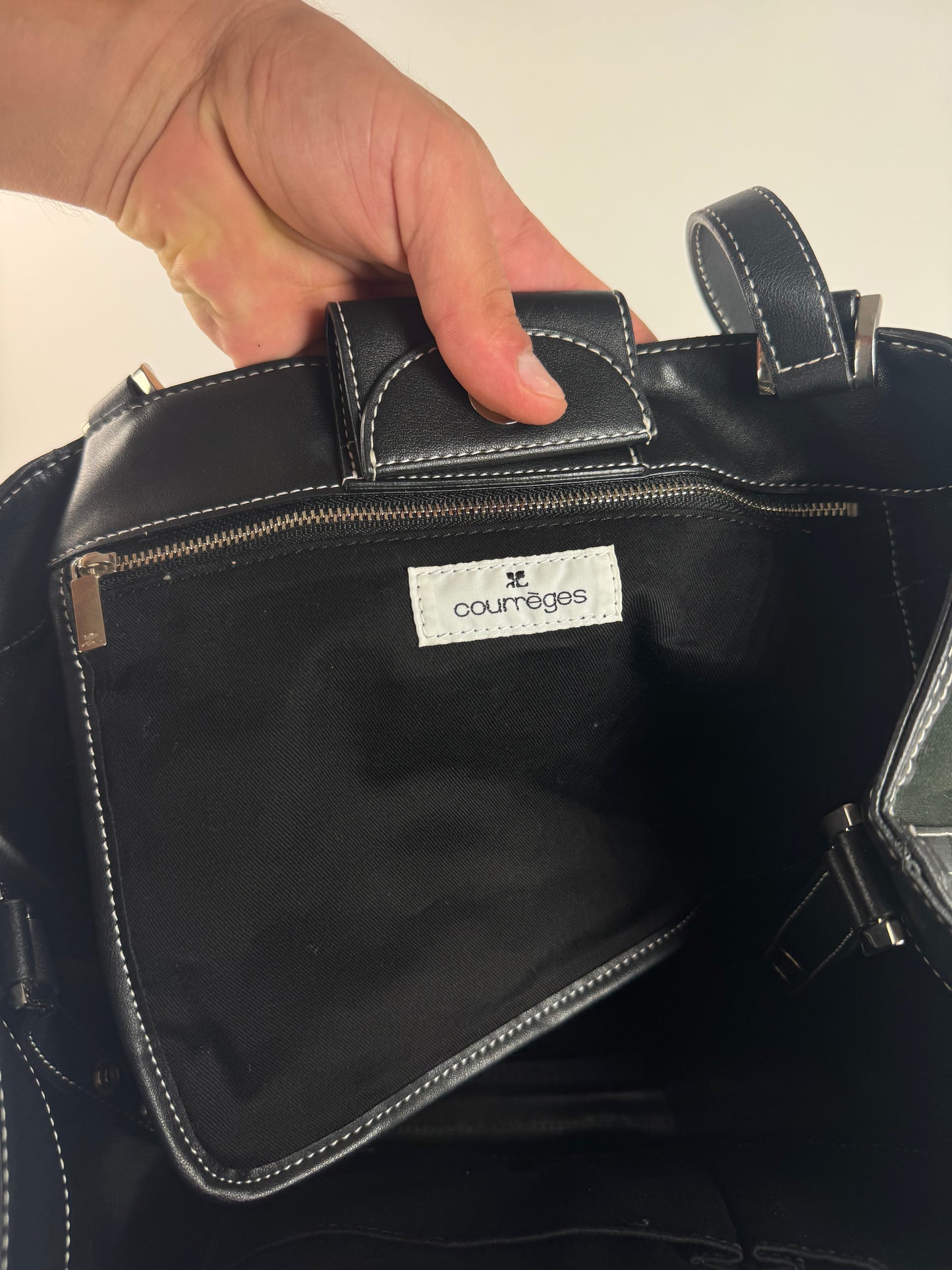 Sac cabas vintage en toile et cuir Courreges noir