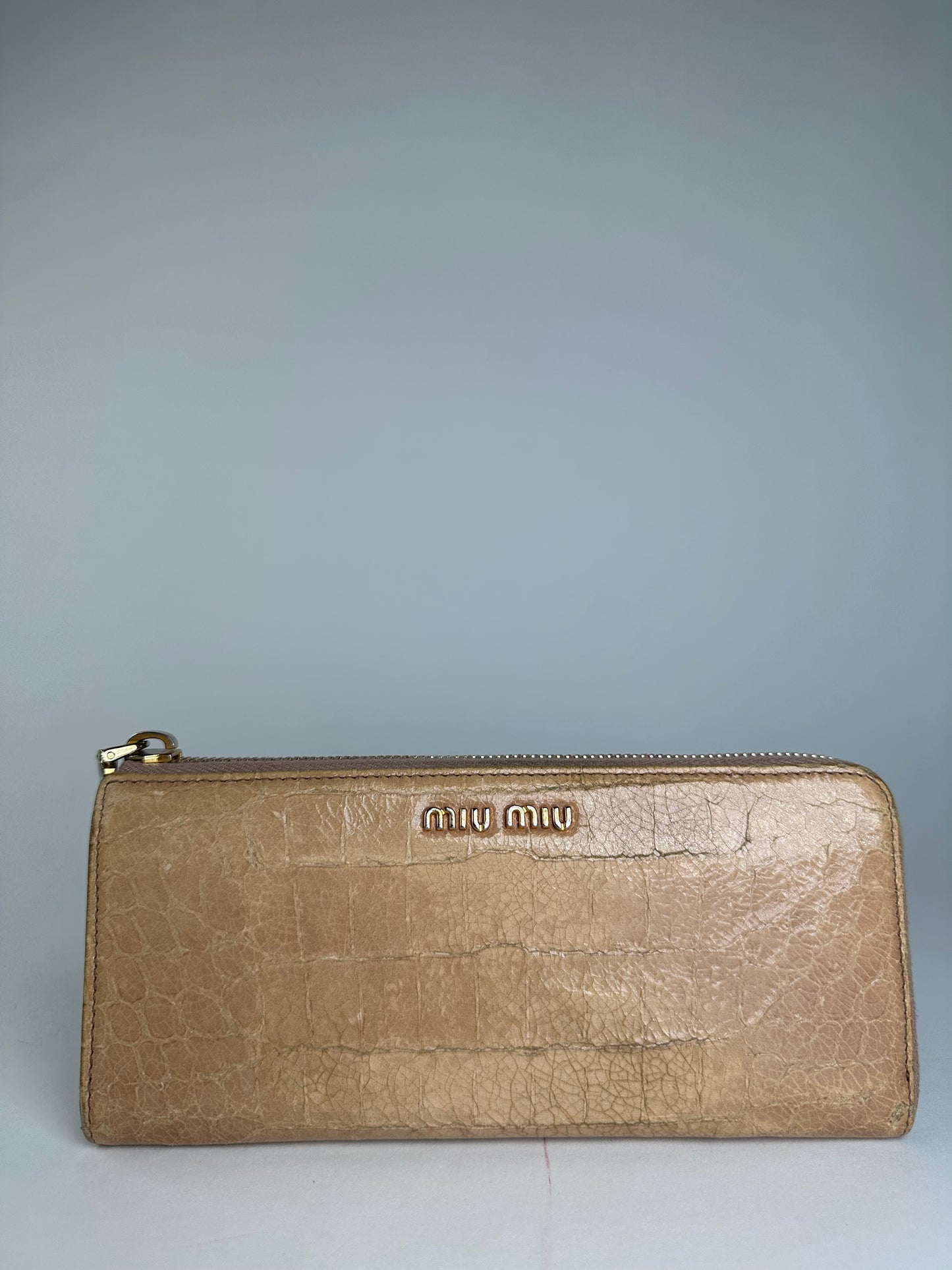 Vintage Miu Miu Crocodile Emblossed Leather Long Wallet Beige Brown