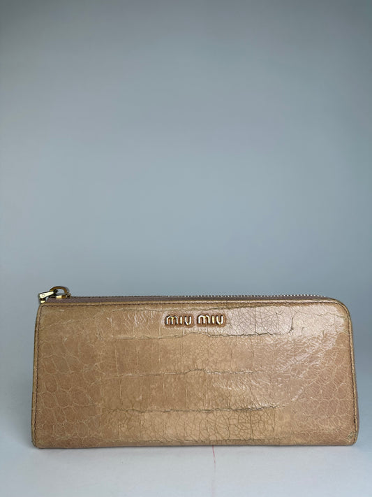 Vintage Miu Miu Crocodile Emblossed Leather Long Wallet Beige Brown