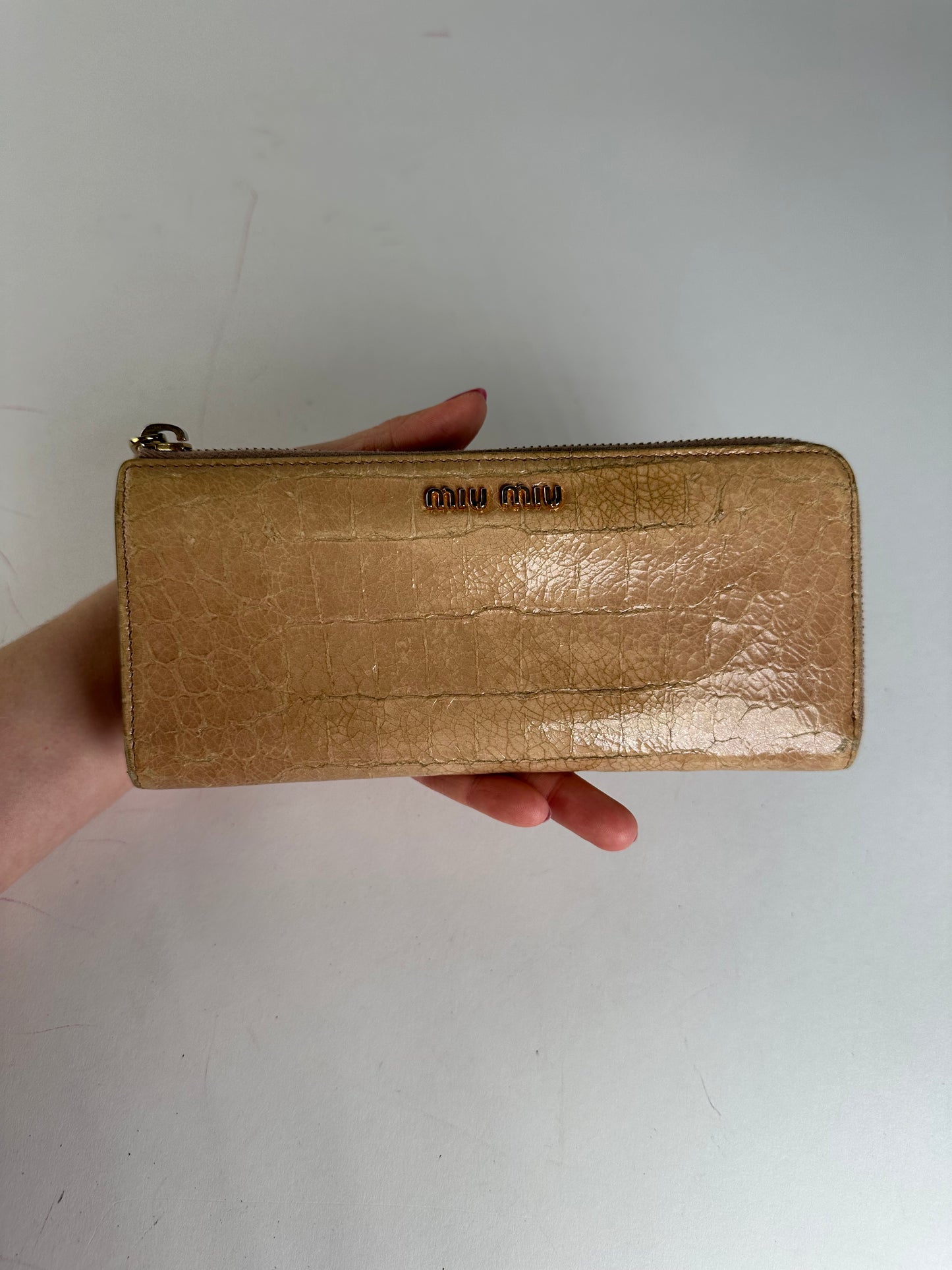 Vintage Miu Miu Crocodile Emblossed Leather Long Wallet Beige Brown