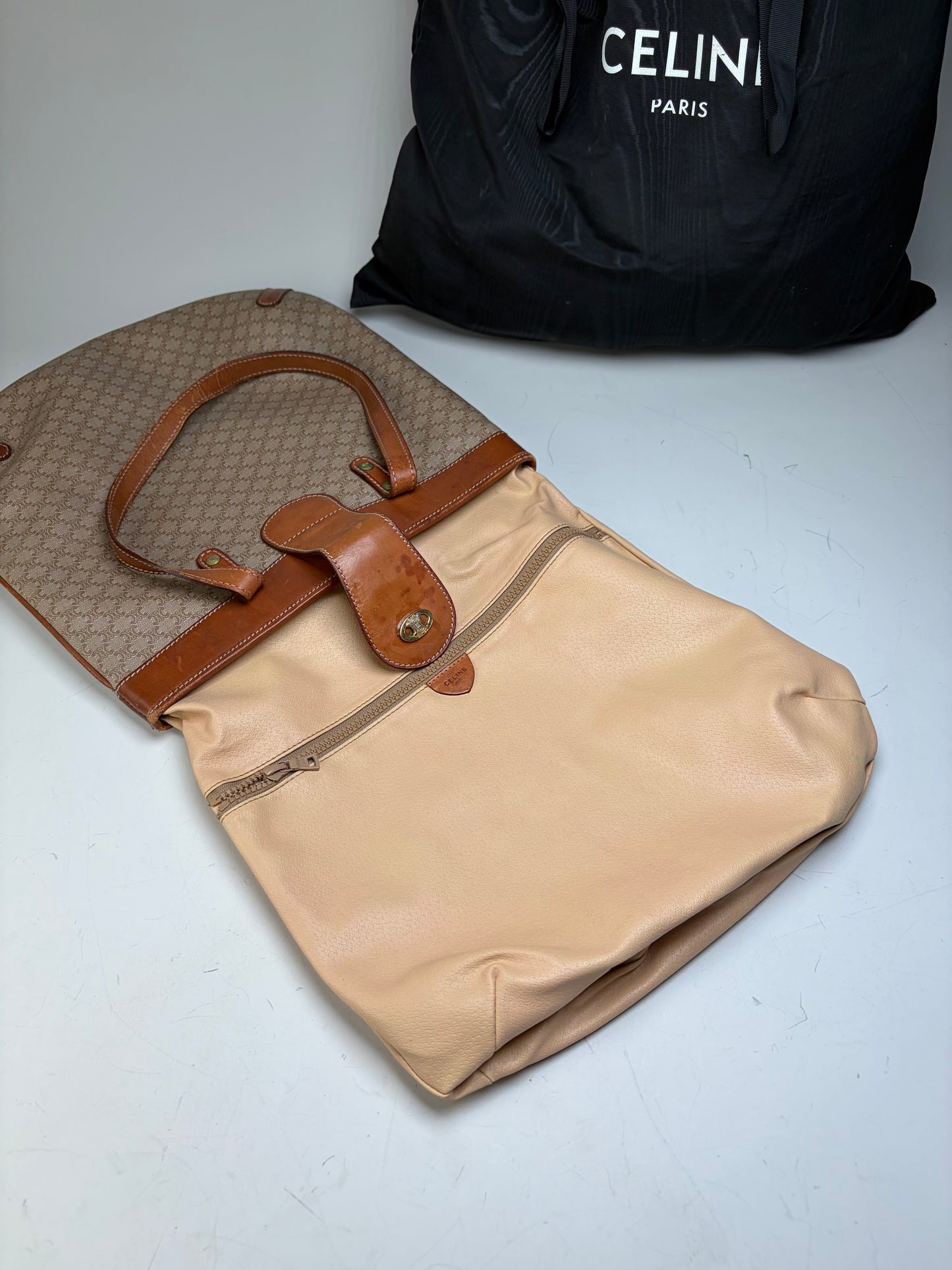 Vintage Celine Monogram Canvas Tote Beige Brown Gold
