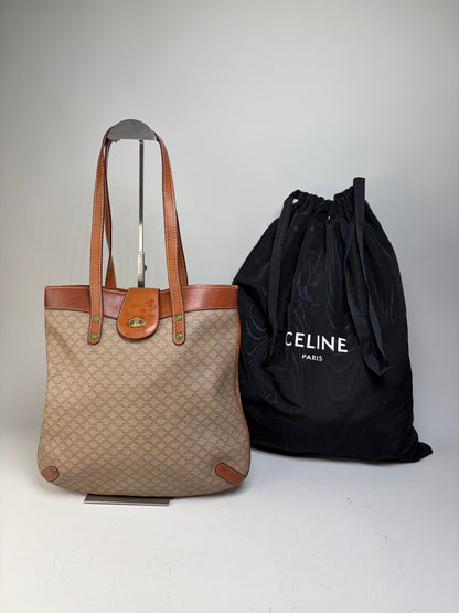 Vintage Celine Monogram Canvas Tote Beige Brown Gold