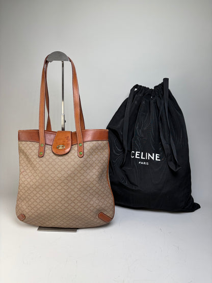 Vintage Celine Monogram Canvas Tote Beige Brown Gold