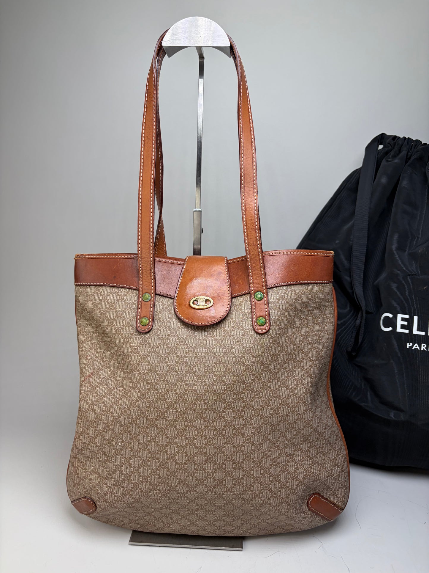 Vintage Celine Monogram Canvas Tote Beige Brown Gold