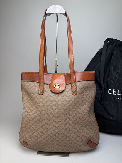 Vintage Celine Monogram Canvas Tote Beige Brown Gold