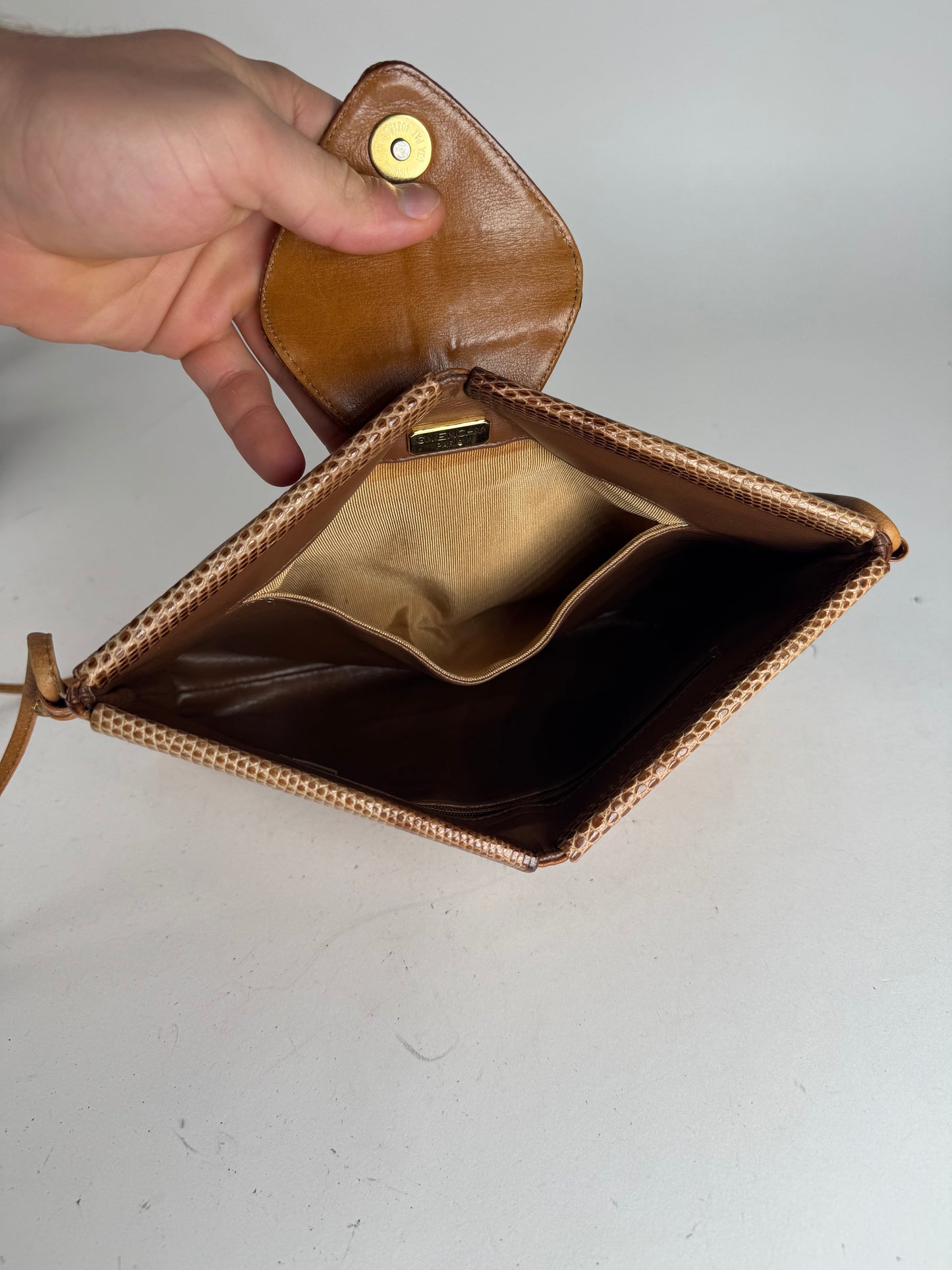 Vintage Givenchy Snake Embossed Leather Crossbody Bag Camel