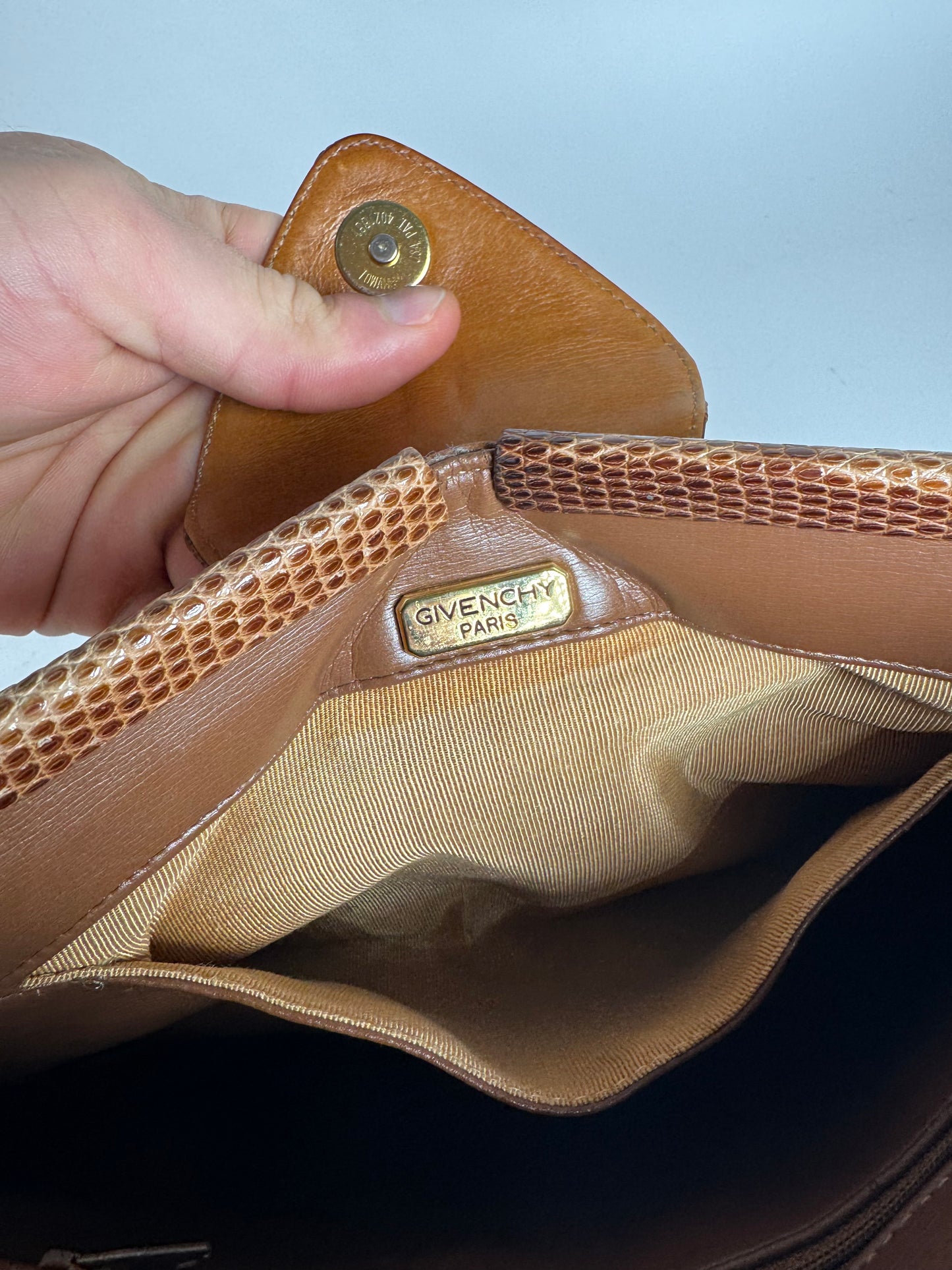 Vintage Givenchy Snake Embossed Leather Crossbody Bag Camel