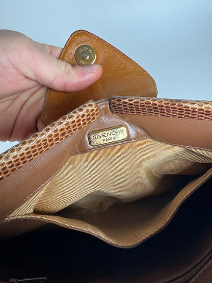 Vintage Givenchy Snake Embossed Leather Crossbody Bag Camel