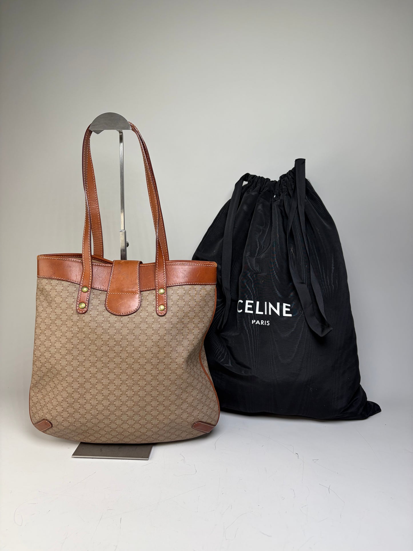 Vintage Celine Monogram Canvas Tote Beige Brown Gold
