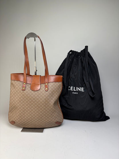 Vintage Celine Monogram Canvas Tote Beige Brown Gold