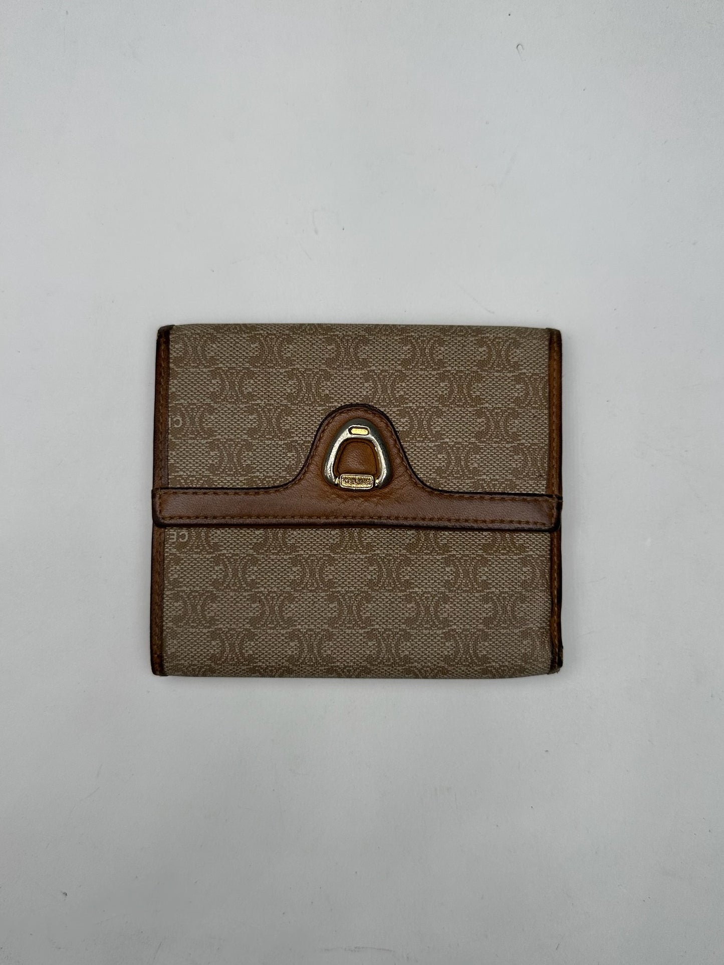 Vintage Celine Paris Leather Monogram Wallet Beige Brown