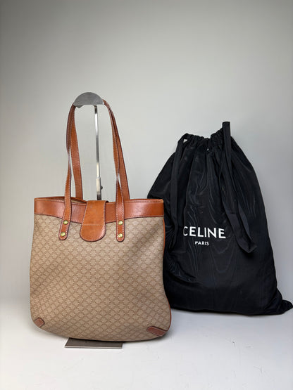 Vintage Celine Monogram Canvas Tote Beige Brown Gold
