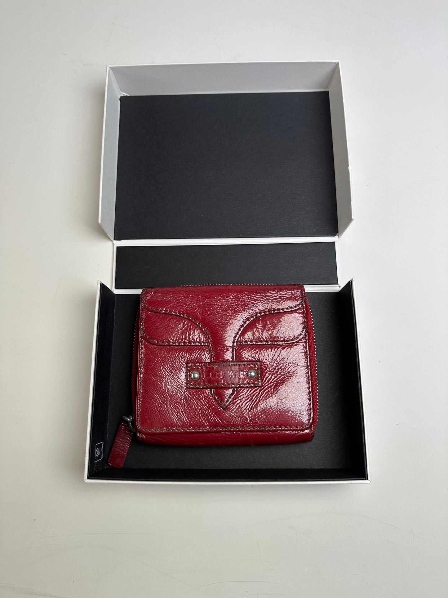 Vintage Loewe Leather Wallet Burgundy Silver