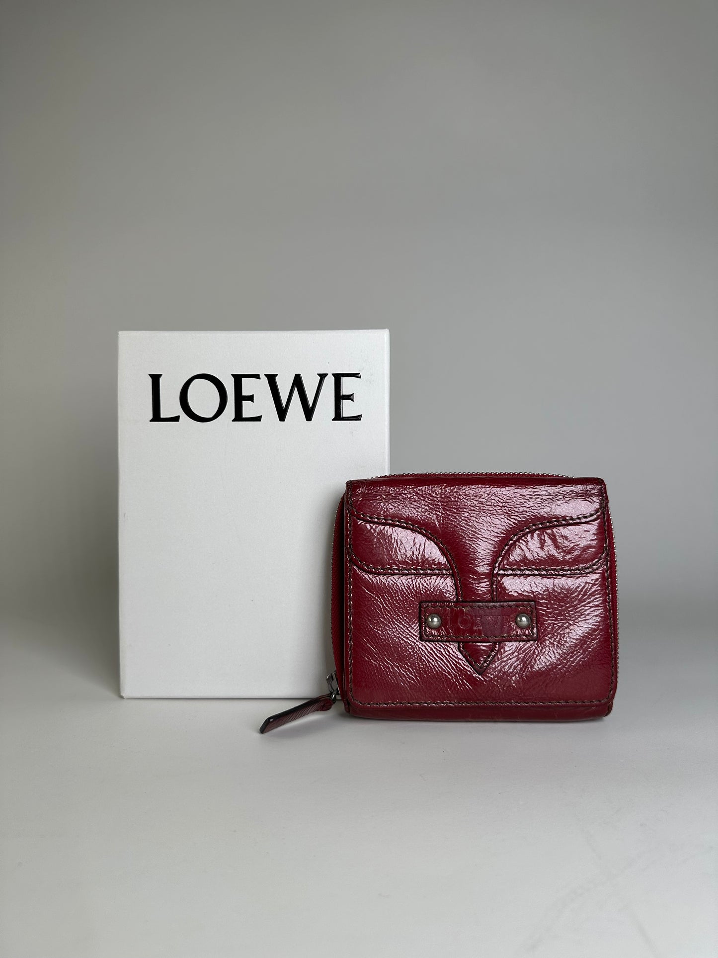 Vintage Loewe Leather Wallet Burgundy Silver