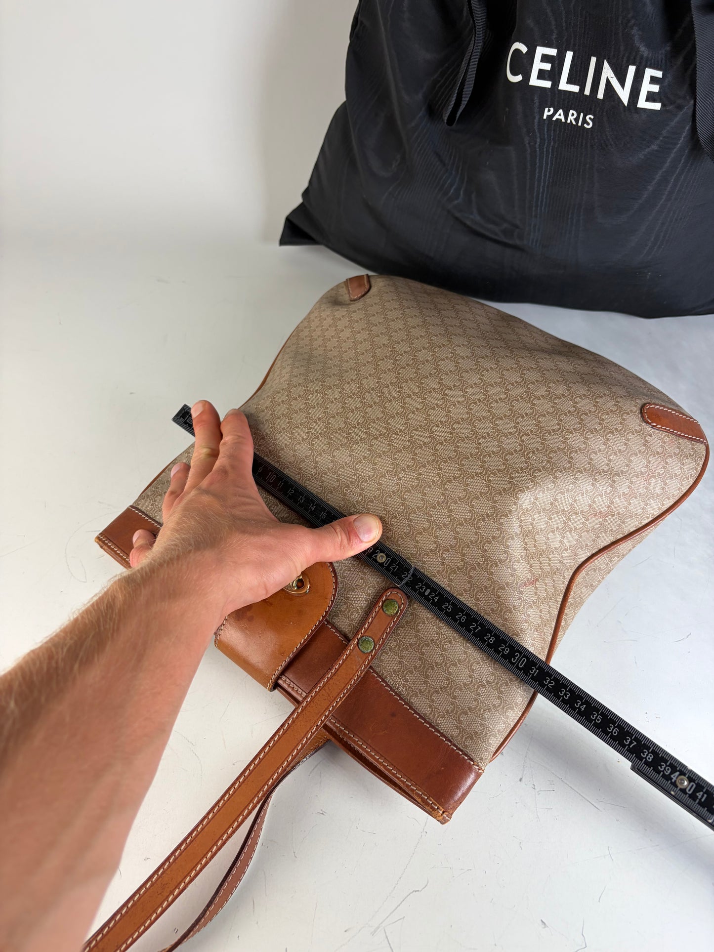 Vintage Celine Monogram Canvas Tote Beige Brown Gold
