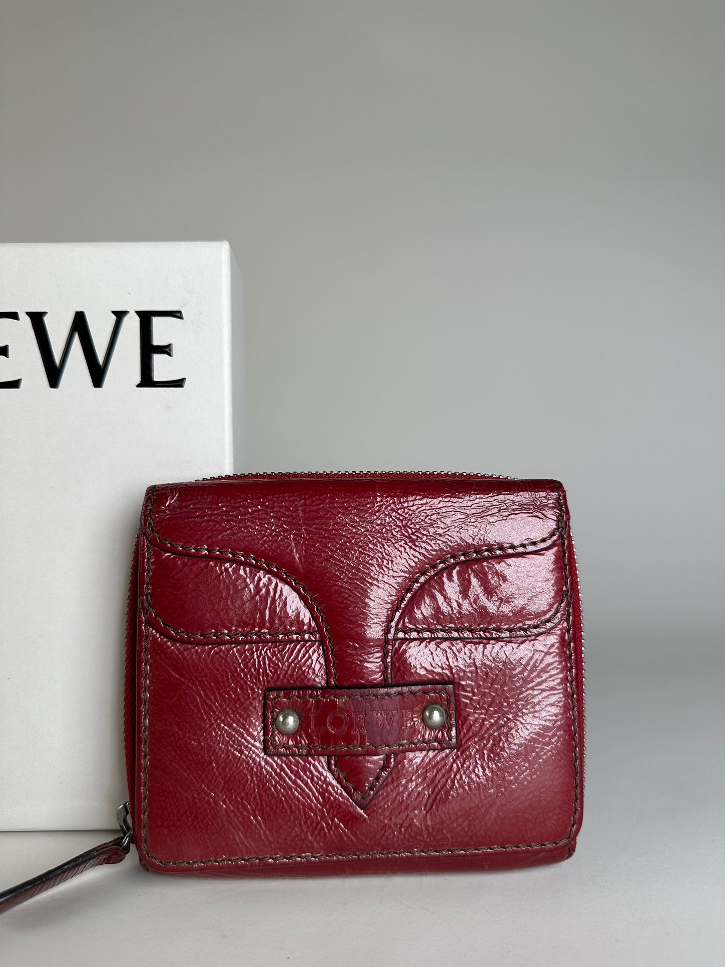 Vintage Loewe Leather Wallet Burgundy Silver