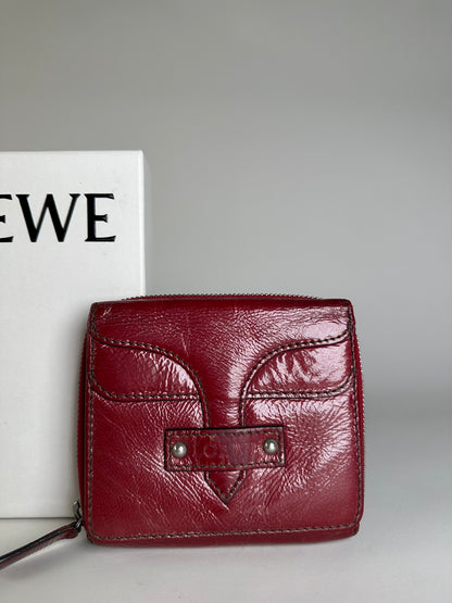 Vintage Loewe Leather Wallet Burgundy Silver