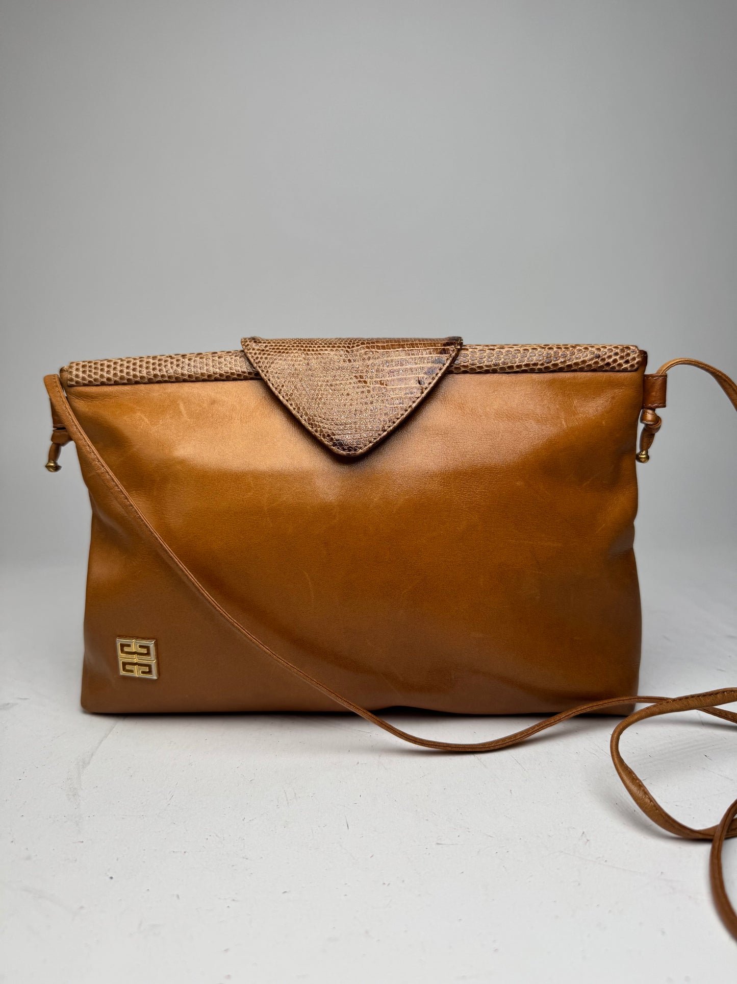 Vintage Givenchy Snake Embossed Leather Crossbody Bag Camel