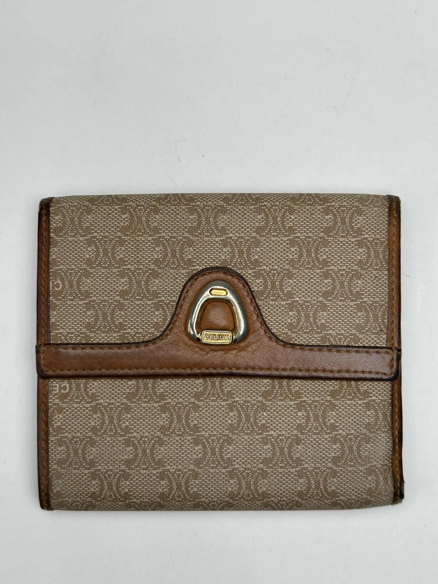 Vintage Celine Paris Leather Monogram Wallet Beige Brown
