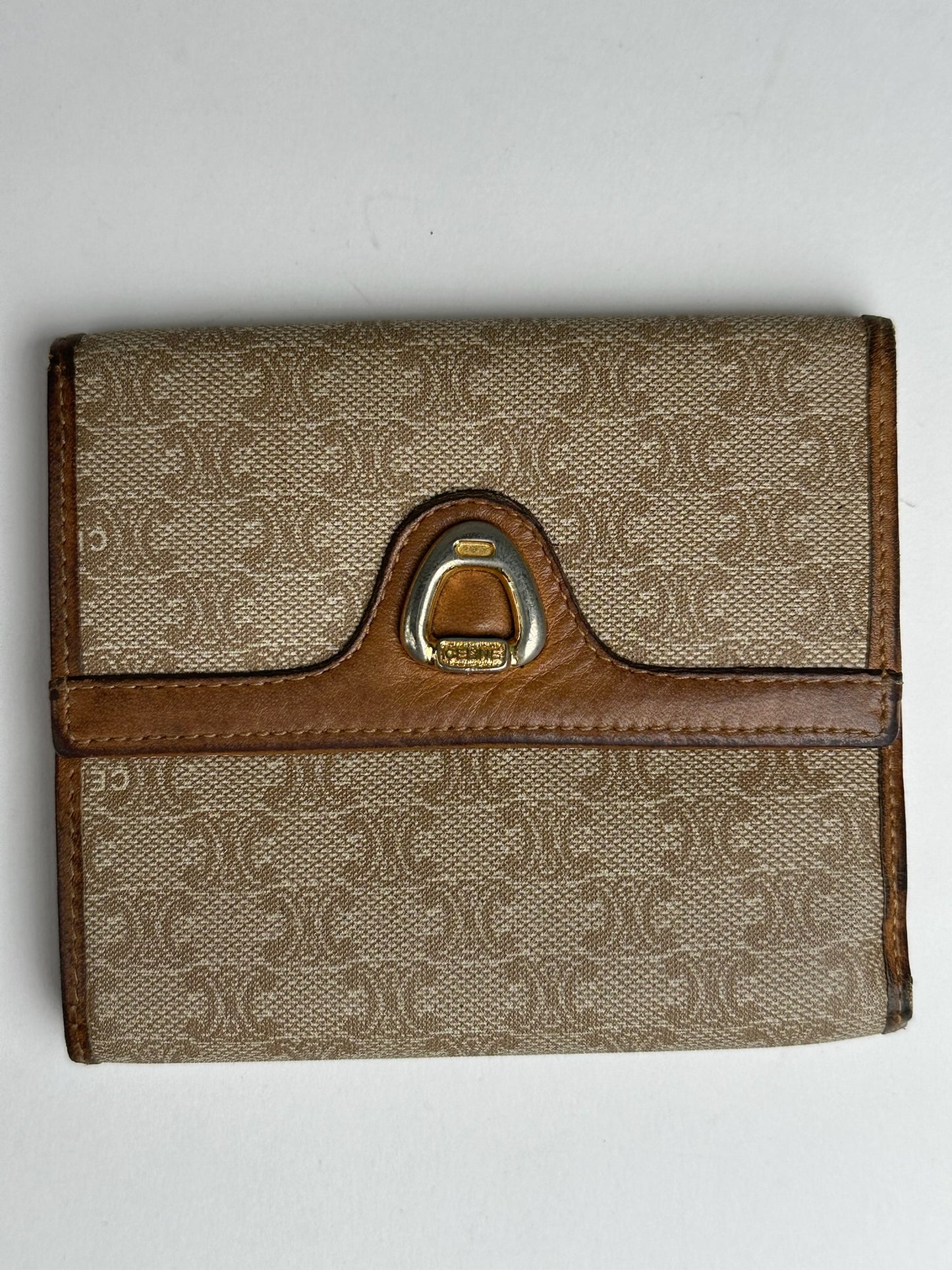 Vintage Celine Paris Leather Monogram Wallet Beige Brown