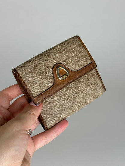 Vintage Celine Paris Leather Monogram Wallet Beige Brown