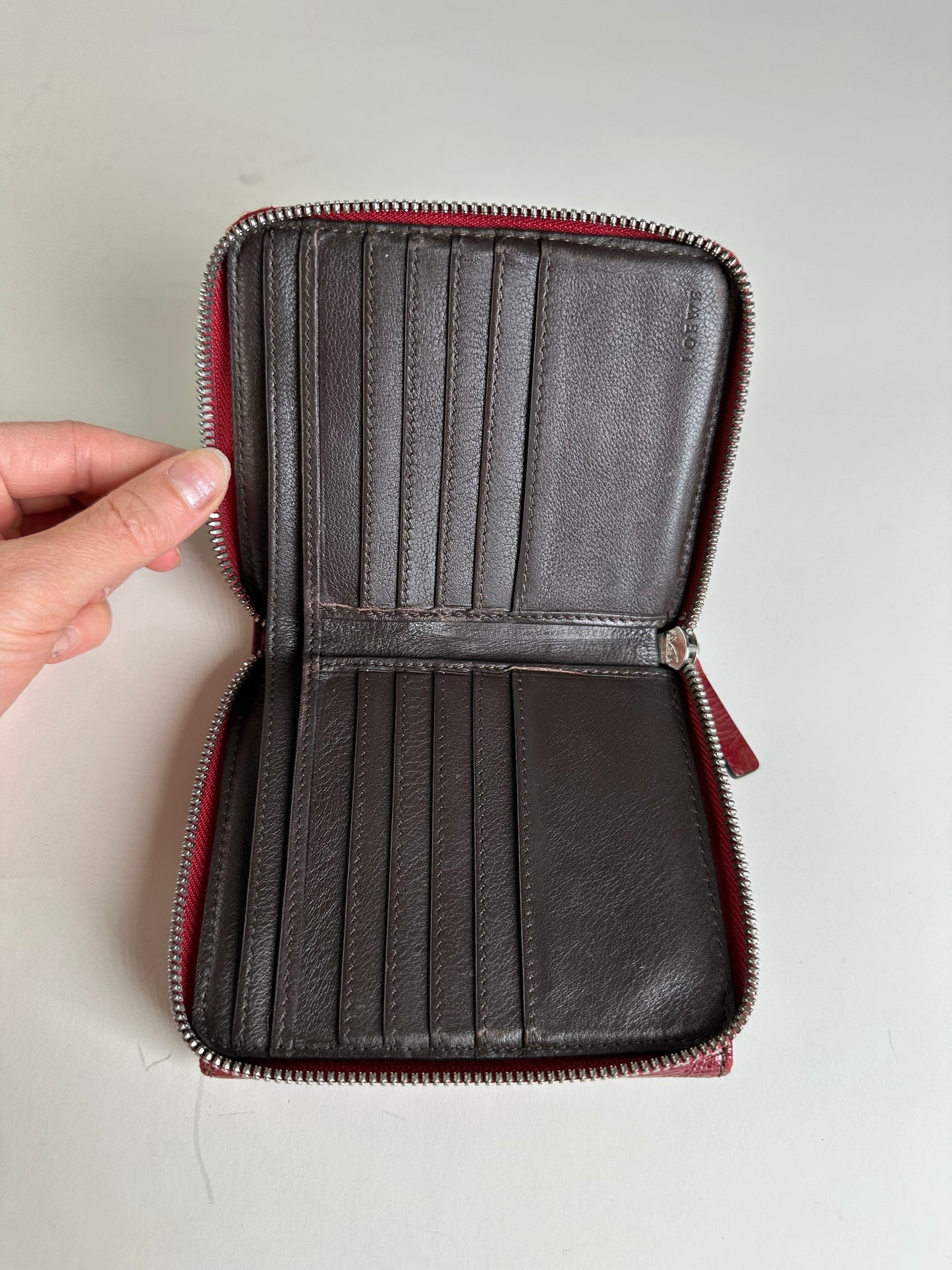 Vintage Loewe Leather Wallet Burgundy Silver
