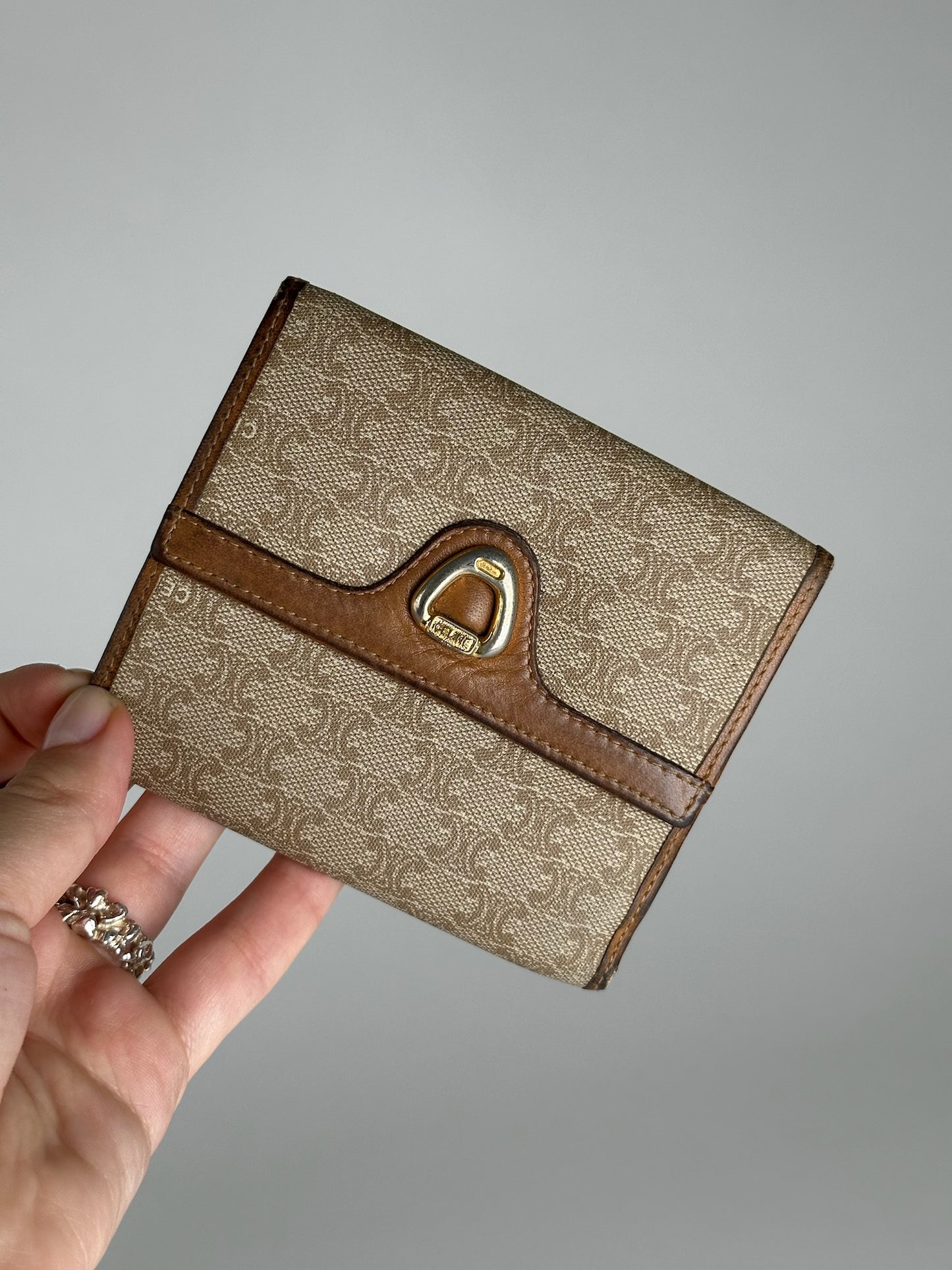 Vintage Celine Paris Leather Monogram Wallet Beige Brown