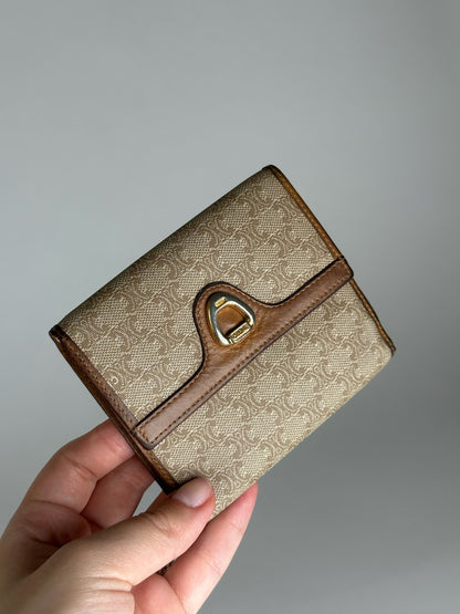 Vintage Celine Paris Leather Monogram Wallet Beige Brown